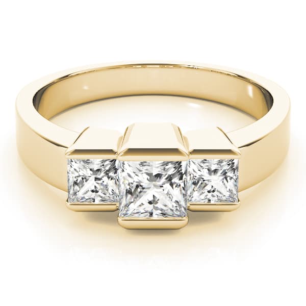 3 Stone Princess Engagement Ring, style 82572, On hand view in yellow gold