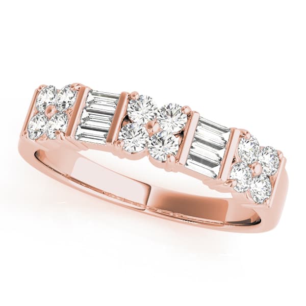 Alternating Baguette & Round Bar Set Wedding Rings (2/3 ct. tw.), Front view in rose gold