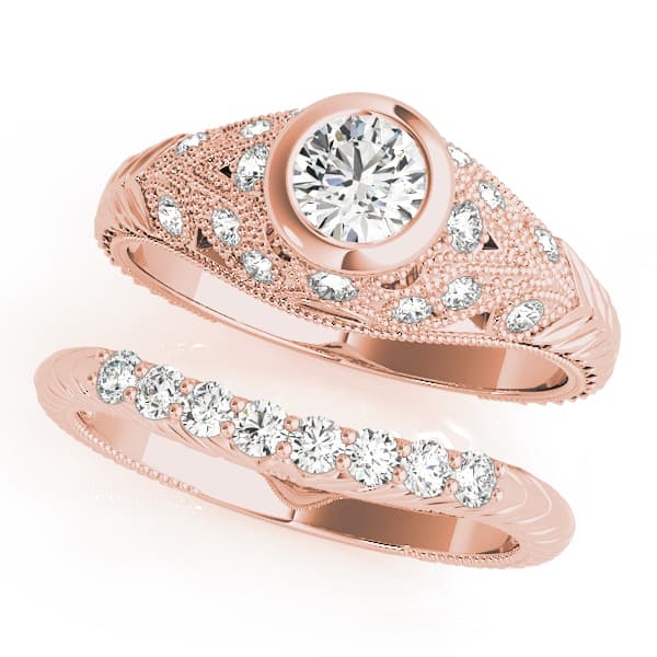 Antique Milgrain Bezel Set Engagement Ring, style 82623, On hand view in rose gold