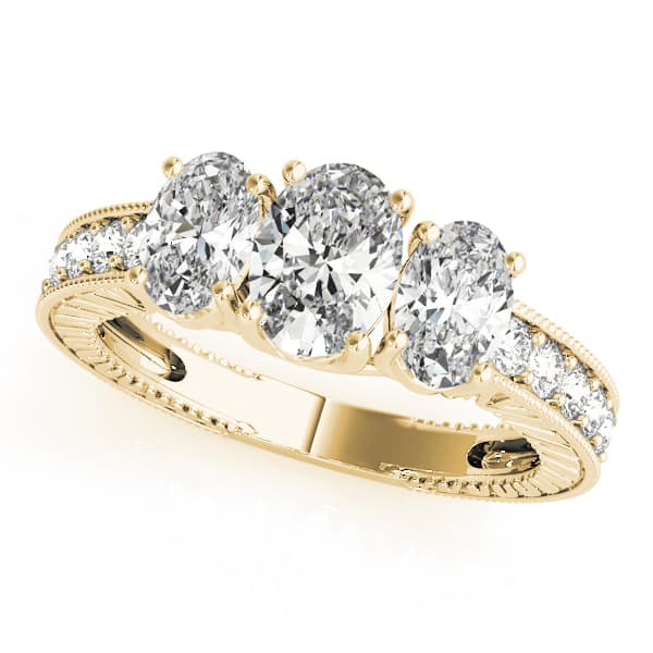 Antique 3-Stone Trellis Oval Engagement Ring, style 82737, Front view in yellow gold
