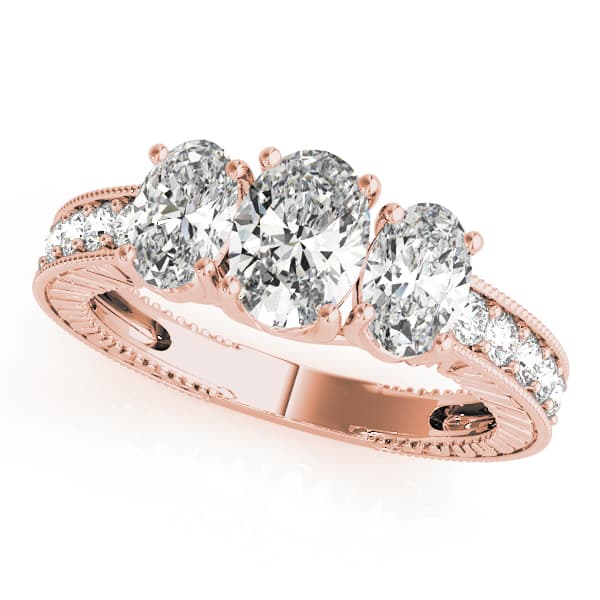 Antique 3-Stone Trellis Oval Engagement Ring, style 82737, Front view in rose gold