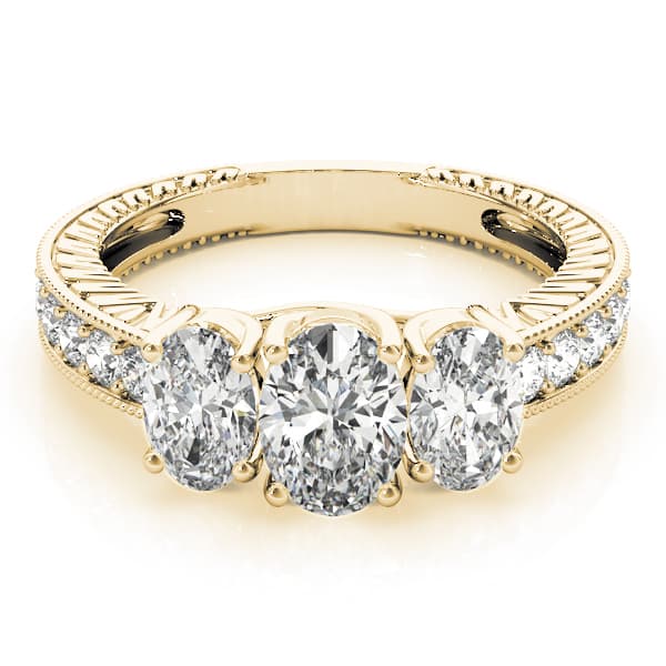 Antique 3-Stone Trellis Oval Engagement Ring, style 82737, On hand view in yellow gold