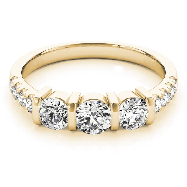 3 Stone Round Engagement Ring, style 82738, On hand view in yellow gold