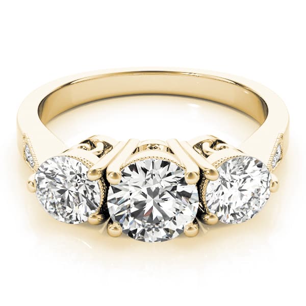 3 Stone Round Engagement Ring, style 82739, On hand view in yellow gold
