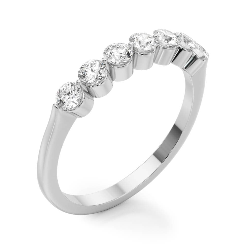 Single Shared Prong Round Wedding Band (1.47 ct. tw.), Angle view in white gold or platinum