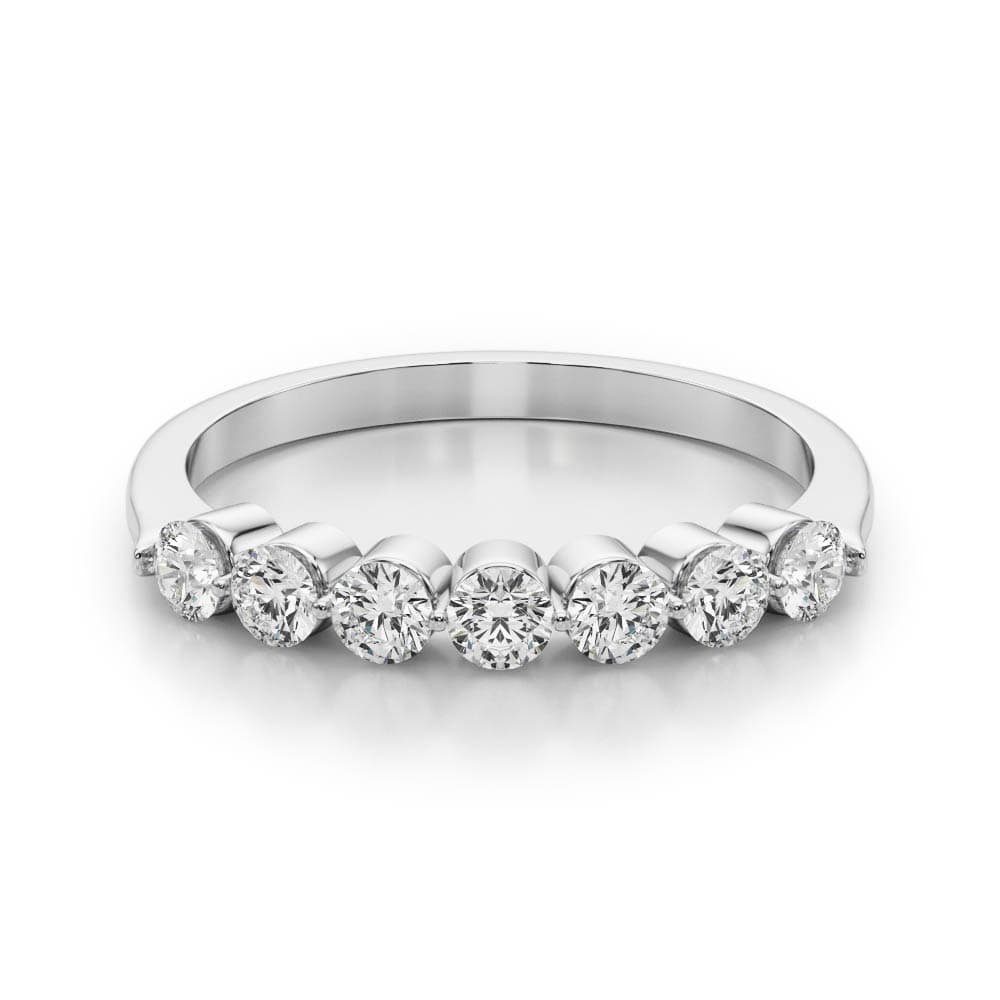 Single Shared Prong Round Wedding Band (1.47 ct. tw.), On hand view in white gold or platinum