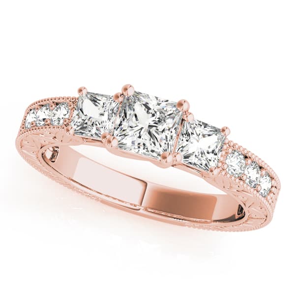 3-Stone Single Row Milgrain Princess Engagement Ting, style 82819, Front view in rose gold