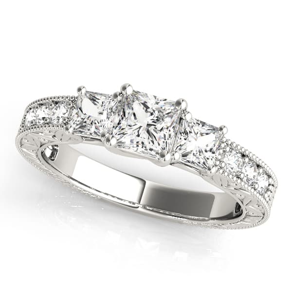 3-Stone Single Row Milgrain Princess Engagement Ting — style 82819 in 10k White Gold