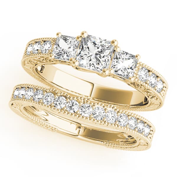 3-Stone Single Row Milgrain Princess Engagement Ting, style 82819, On hand view in yellow gold