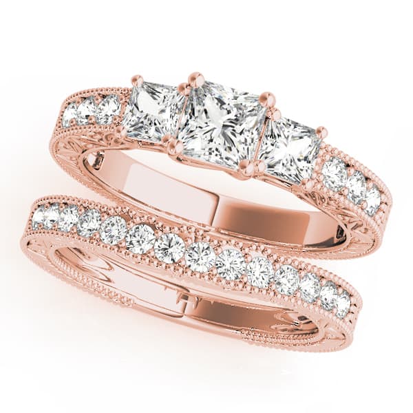 3-Stone Single Row Milgrain Princess Engagement Ting, style 82819, On hand view in rose gold