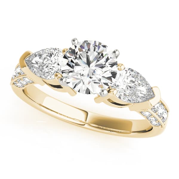 3-Stone Prong Set Pear Milgrain Engagement Ring, style 82843, Front view in yellow gold