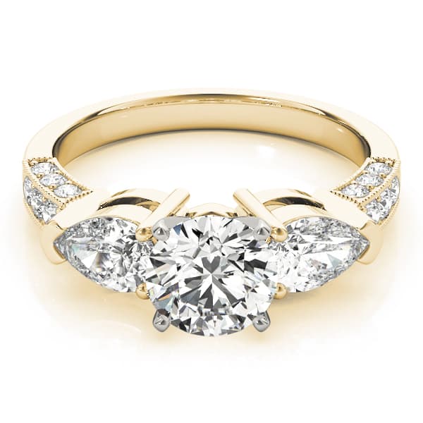 3-Stone Prong Set Pear Milgrain Engagement Ring, style 82843, On hand view in yellow gold
