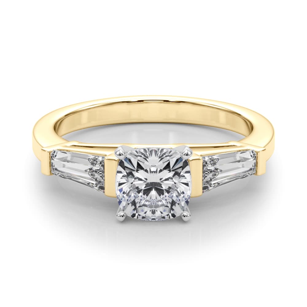 Baguette 3-Stone Engagement Ring, style 82844, On hand view in yellow gold