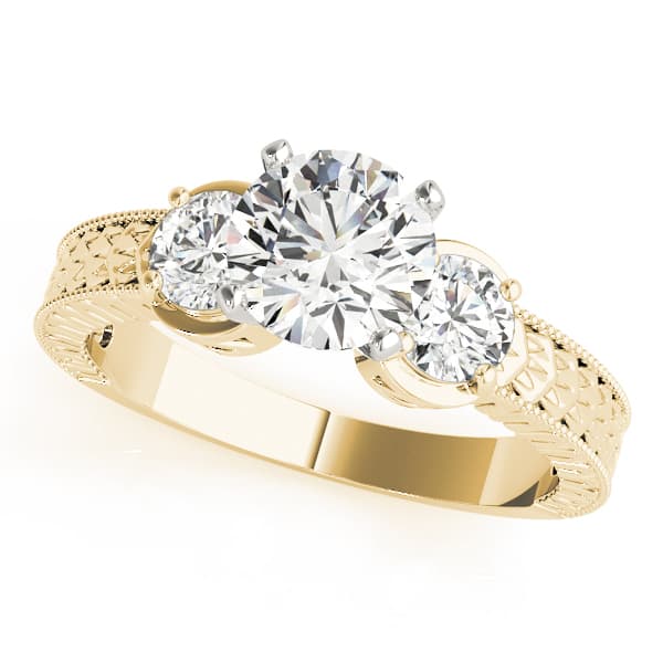 3-Stone Antique inspired Filigree Engagement Ring, style 82847, Front view in yellow gold
