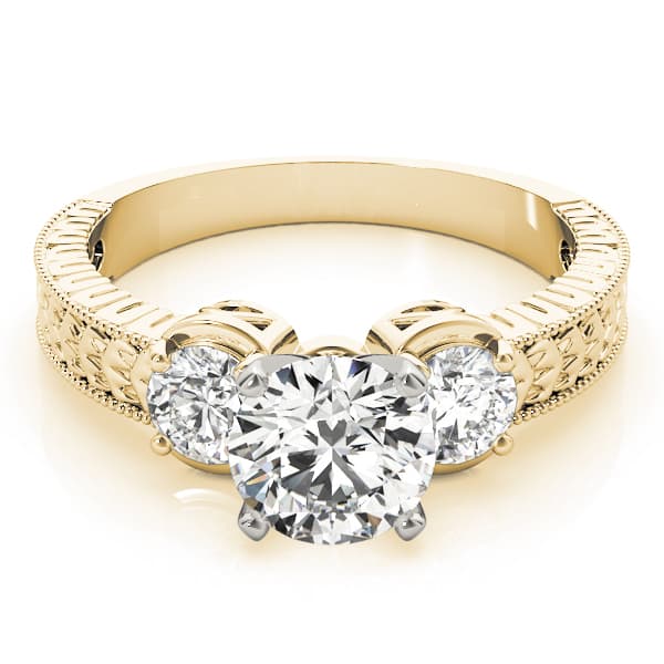 3-Stone Antique inspired Filigree Engagement Ring, style 82847, On hand view in yellow gold