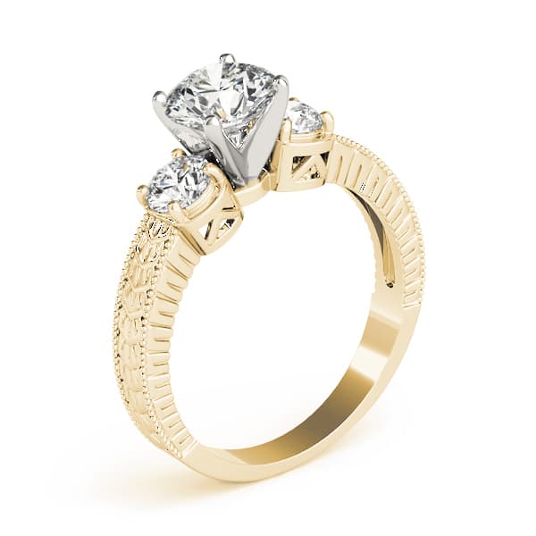 3-Stone Antique inspired Filigree Engagement Ring, style 82847, Top view in yellow gold
