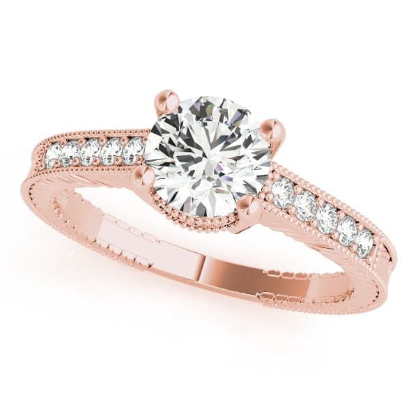 Antique Single Row Prong Milgrain Engagement Ring, style 82855, Front view in rose gold
