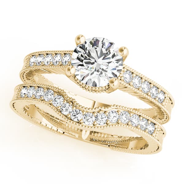 Antique Single Row Prong Milgrain Engagement Ring, style 82855, On hand view in yellow gold