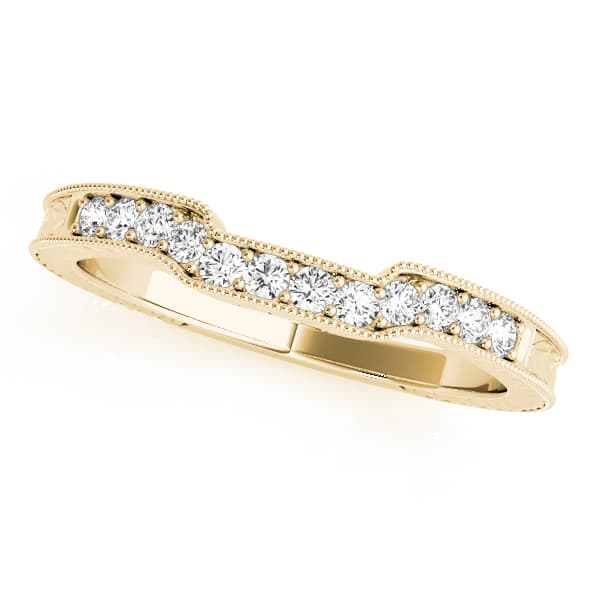 Antique Style Filigree Mailgrain Curved Wedding Rings (1/4 ct. tw.), Front view in yellow gold