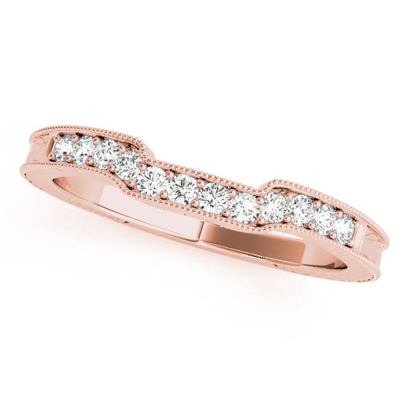 Antique Style Filigree Mailgrain Curved Wedding Rings (0.18 ct. tw.), Front view in rose gold