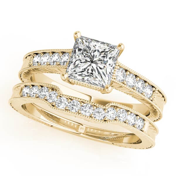Antique Style Filigree Milgrain Engagement Ring, style 82856, On hand view in yellow gold