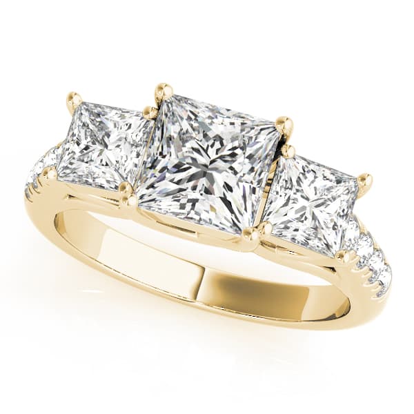 3-Stone Single Row Trellis Princess Engagement Ring, style 82872, Front view in yellow gold