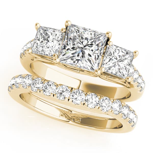 3-Stone Single Row Trellis Princess Engagement Ring, style 82872, On hand view in yellow gold