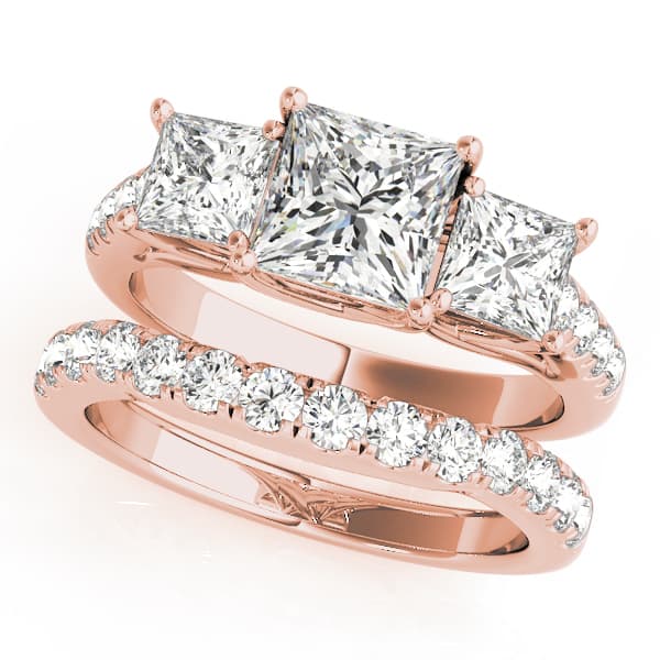 3-Stone Single Row Trellis Princess Engagement Ring, style 82872, On hand view in rose gold