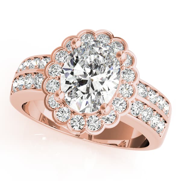 Double Row Floral Oval Halo Engagement Ring in Rose gold