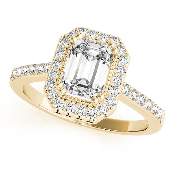 Single Row Prong Halo Emerald-Cut Engagement Ring, style 82899, Front view in yellow gold