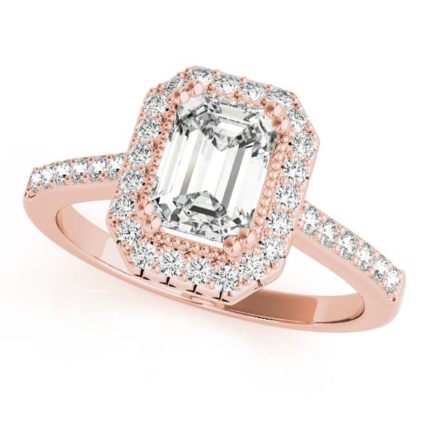 Single Row Prong Halo Emerald-Cut Engagement Ring, style 82899, Front view in rose gold