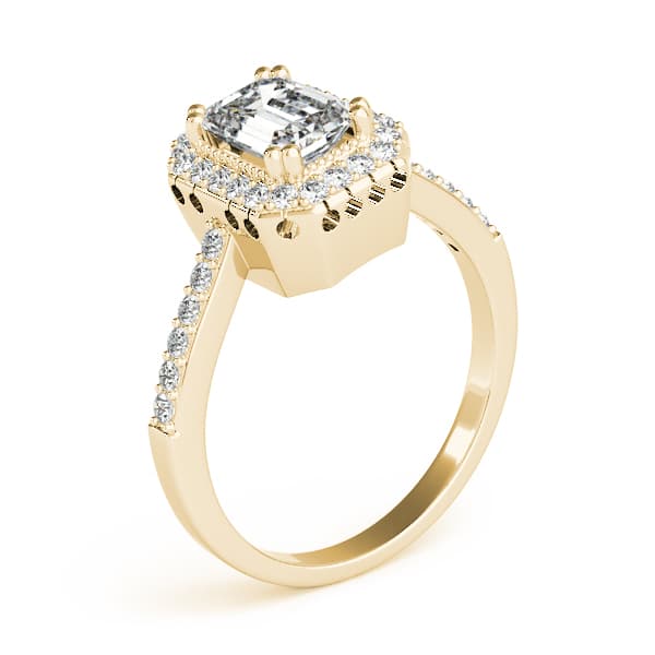 Single Row Prong Halo Emerald-Cut Engagement Ring, style 82899, Angle view in yellow gold
