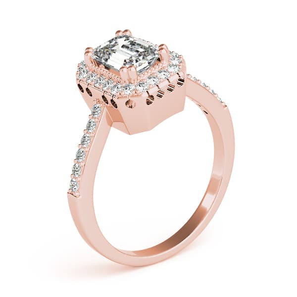 Single Row Prong Halo Emerald-Cut Engagement Ring, style 82899, Angle view in rose gold