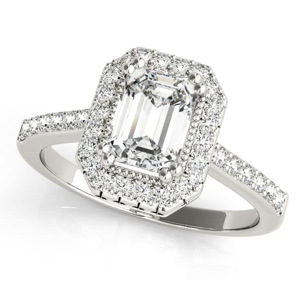 Single Row Prong Halo Emerald-Cut Engagement Ring — style 82899 in 10k White Gold