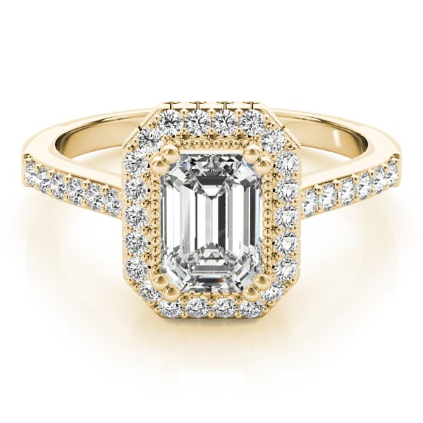 Single Row Prong Halo Emerald-Cut Engagement Ring, style 82899, On hand view in yellow gold