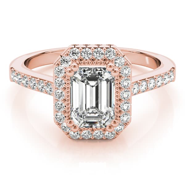 Single Row Prong Halo Emerald-Cut Engagement Ring, style 82899, On hand view in rose gold