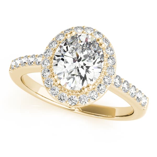 Single Row Prong Halo Oval Engagement Ring, style 82900, Front view in yellow gold