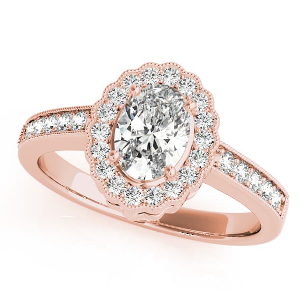 Vintage Single Row Prong Halo Milgrain Engagement Ring, style 82906, Front view in rose gold