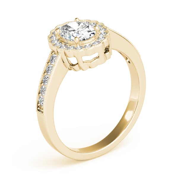 Vintage Single Row Prong Halo Milgrain Engagement Ring, style 82906, Angle view in yellow gold