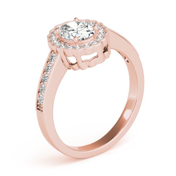 Vintage Single Row Prong Halo Milgrain Engagement Ring, style 82906, Angle view in rose gold
