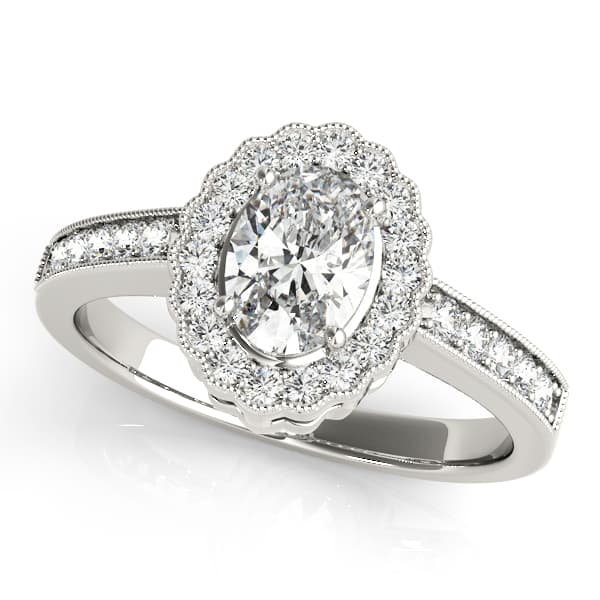 Vintage Single Row Prong Halo Milgrain Engagement Ring — style 82906 in 10k White Gold