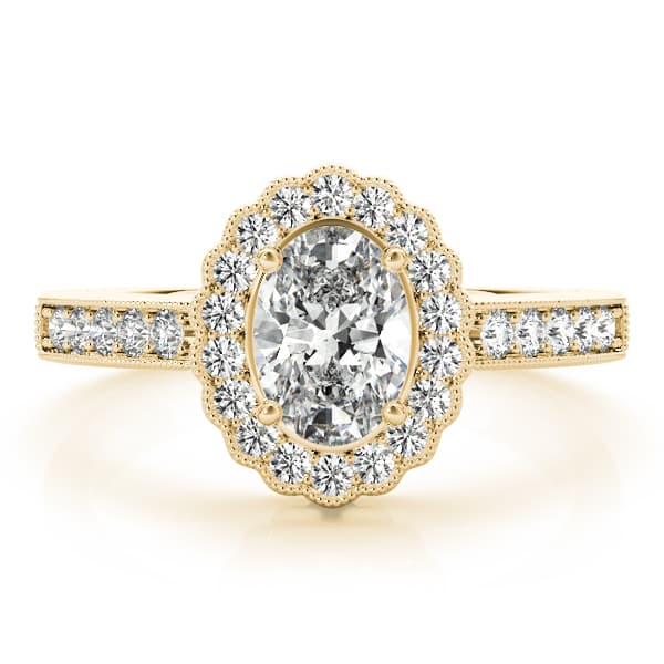 Vintage Single Row Prong Halo Milgrain Engagement Ring, style 82906, On hand view in yellow gold