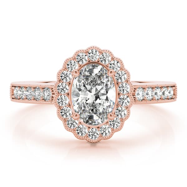 Vintage Single Row Prong Halo Milgrain Engagement Ring, style 82906, On hand view in rose gold