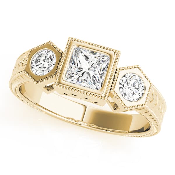 3 Stone Princess Engagement Ring, style 82922, Front view in yellow gold