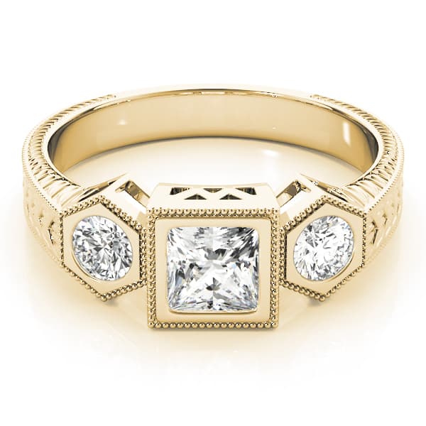 3 Stone Princess Engagement Ring, style 82922, On hand view in yellow gold