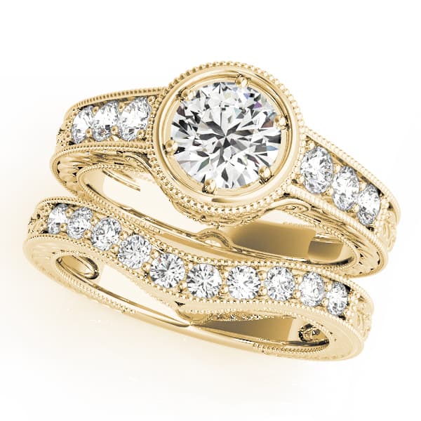 Antique Style Filigree Milgrain Engagement Ring, style 82958, On hand view in yellow gold