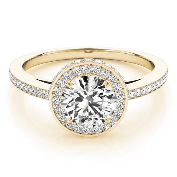 Single Row Prong Halo Engagement Ring, style 82964, On hand view in yellow gold