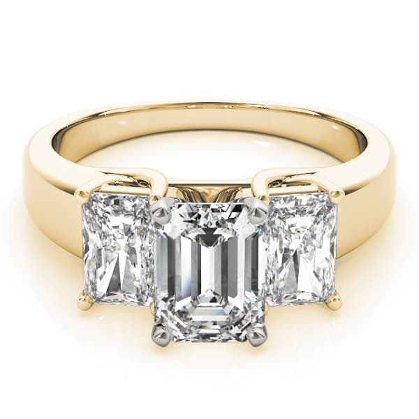 3-Stone Emerald Cut Trellis Engagement Ring, style 83232, On hand view in yellow gold