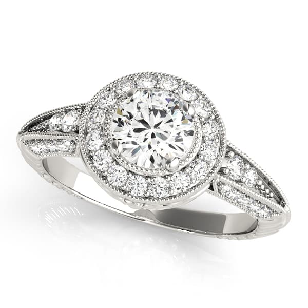 Vintage Inspired Milgrain Round Halo Engagement Ring in White gold