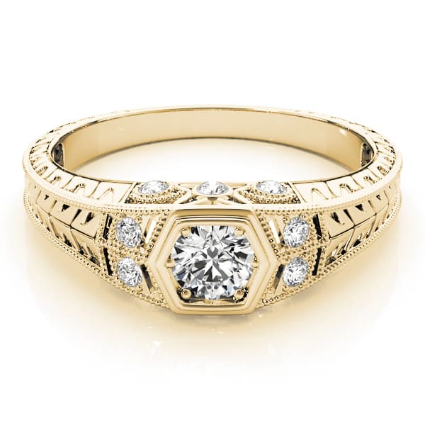 Vintage-Inspired Round Engagement Ring, style 83292, On hand view in yellow gold